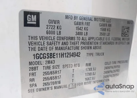 2017 Chevrolet Colorado Wt z USA, uszkodzony, nr VIN 1GCGSBE11H1294942